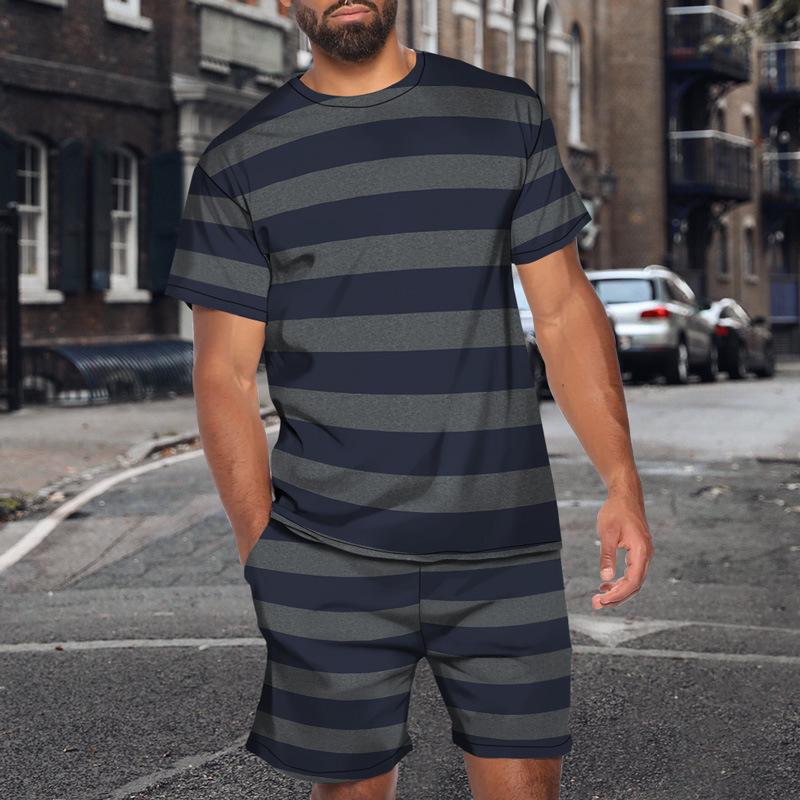 Vintage Casual Clothes Outfits For Men Print Striped Loose T Shirt Suit Oversized  O Neck Summer Tracksuit Streetwear Men's Set