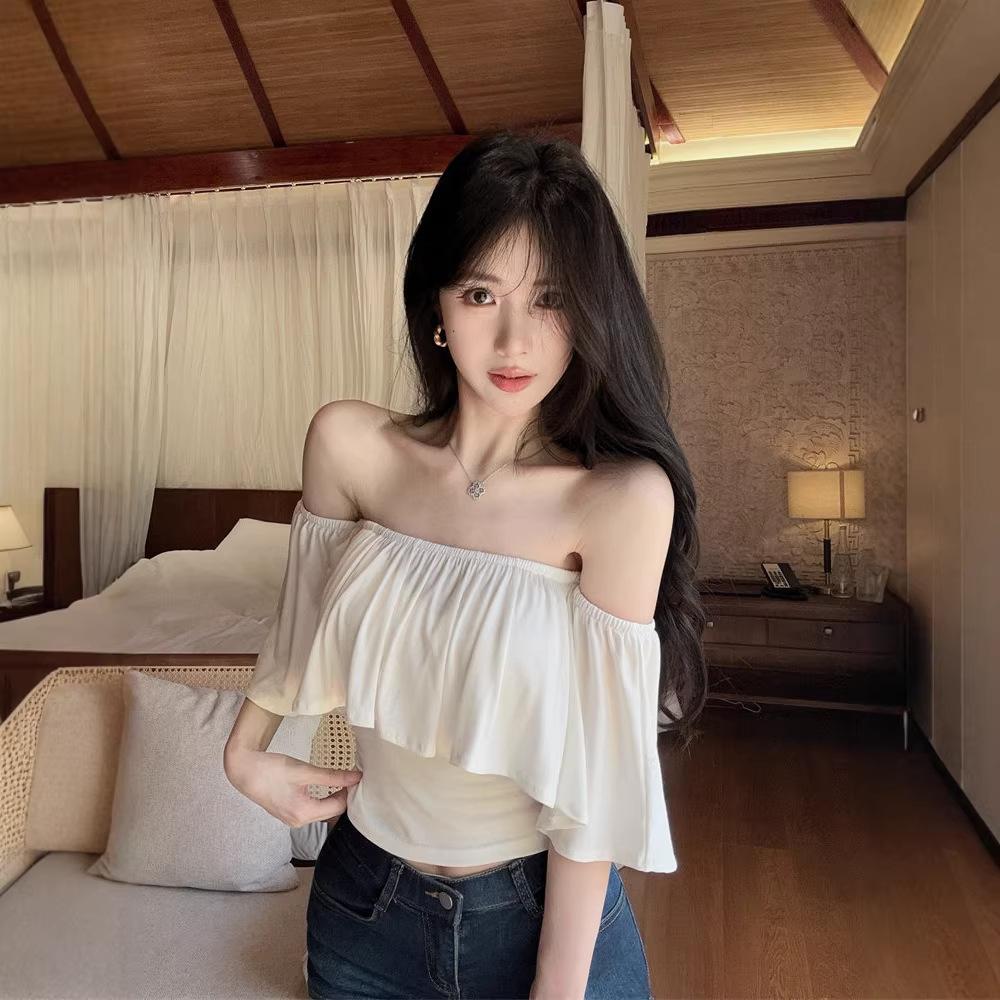 One-word Shoulder Ruffle Edge Super Fairy Short-sleeved T-shirt Women's Summer Pure Desire Hot Girl Sexy Off-the-shoulder Top Is Huge and Beautiful