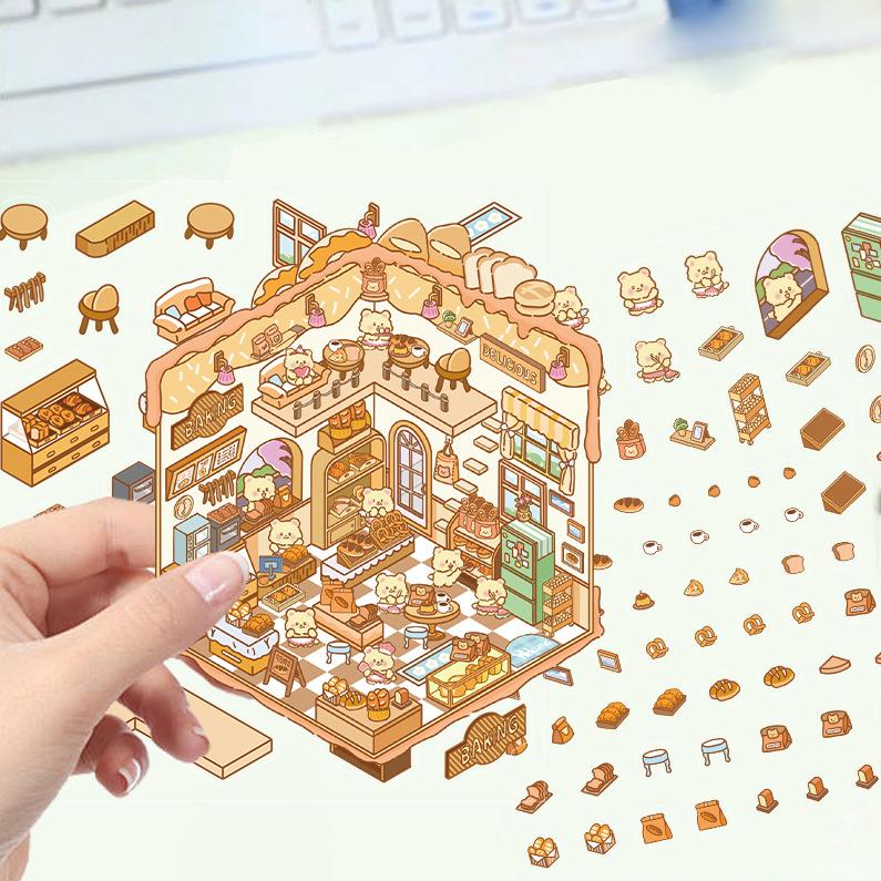 Cartoon Landscape Sticker Bear Bakery Miniature World 3D Hut Unzip DIY Scene Manual Post