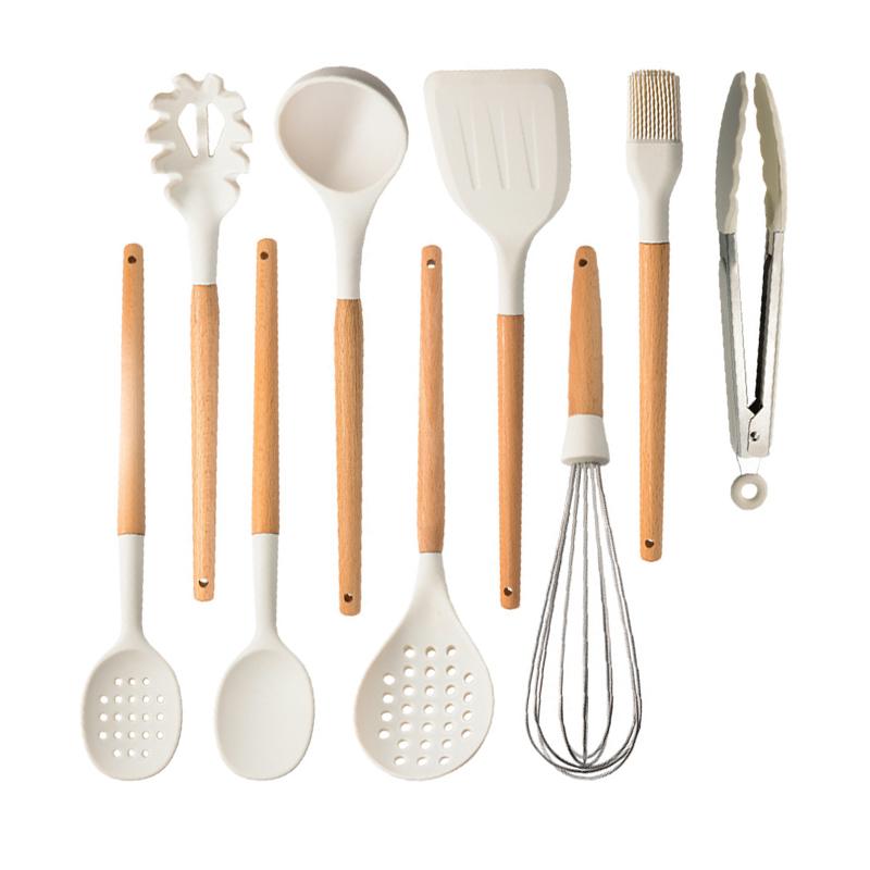 White Silicone Wooden Handle Soup Spoon Spatula Brush Scraper Pasta Egg Beater Non-stick Kitchen Cooking Tools Kitchenware