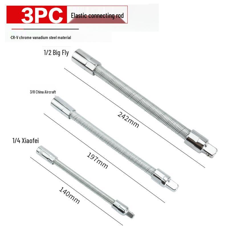 Flexible Socket Extension Bars: Power, Large, Medium, Small Fly Bars, Quick Ratchet Wrench Extensions.
