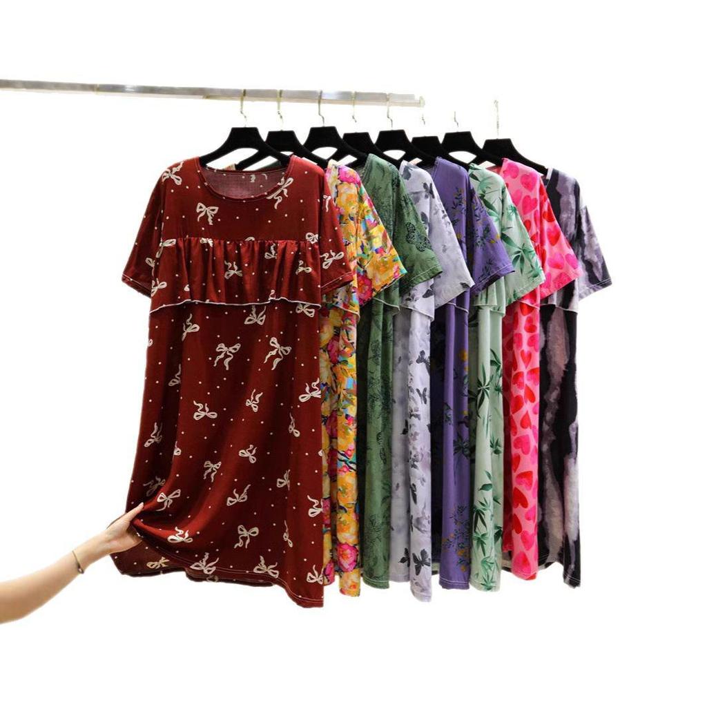 2025 Summer Floral Cotton and Silk Midi Dress - Short Sleeve, Loose Fit Nightgown