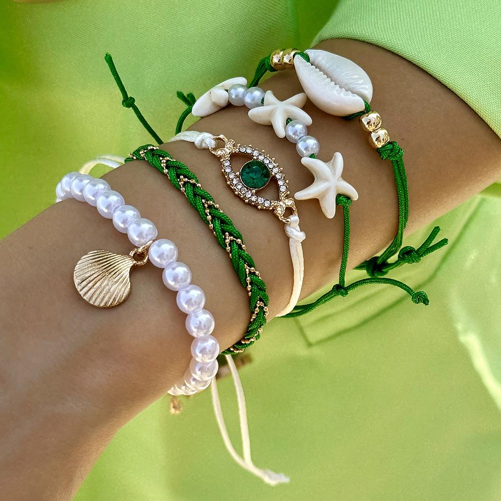 Tocona 5pcs/set Bohemian Imitation Pearl Bracelets for Women Ethnic Style Shell Beaded Bangles Summer Beach Jewelry Set 26165