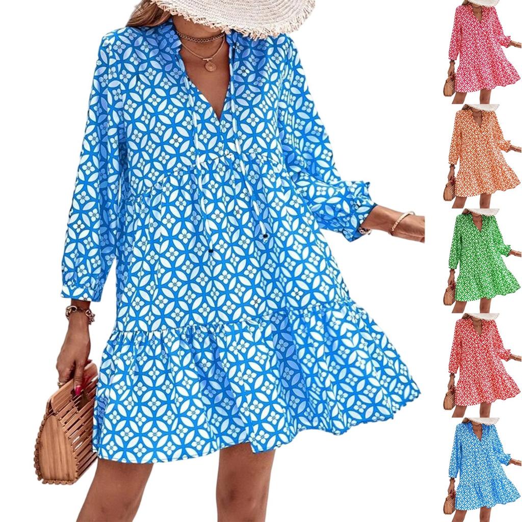Women's Fashionable V-neck Fresh Printed Temperament Seven Inch Sleeve Dress