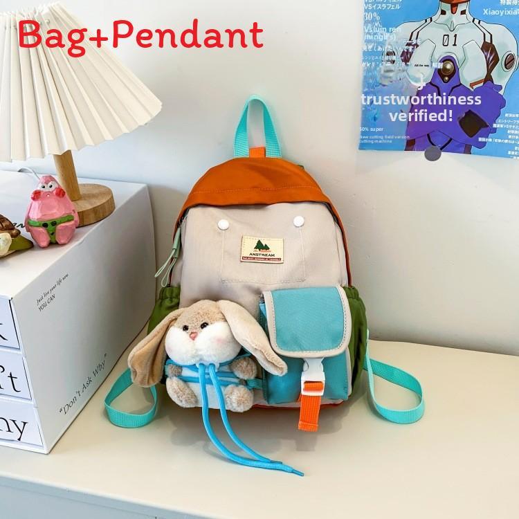 

Toddler School Bag With Durable Nylon Fabric And Cartoon Pattern For Summer Vacation OrangeBunnyPendant