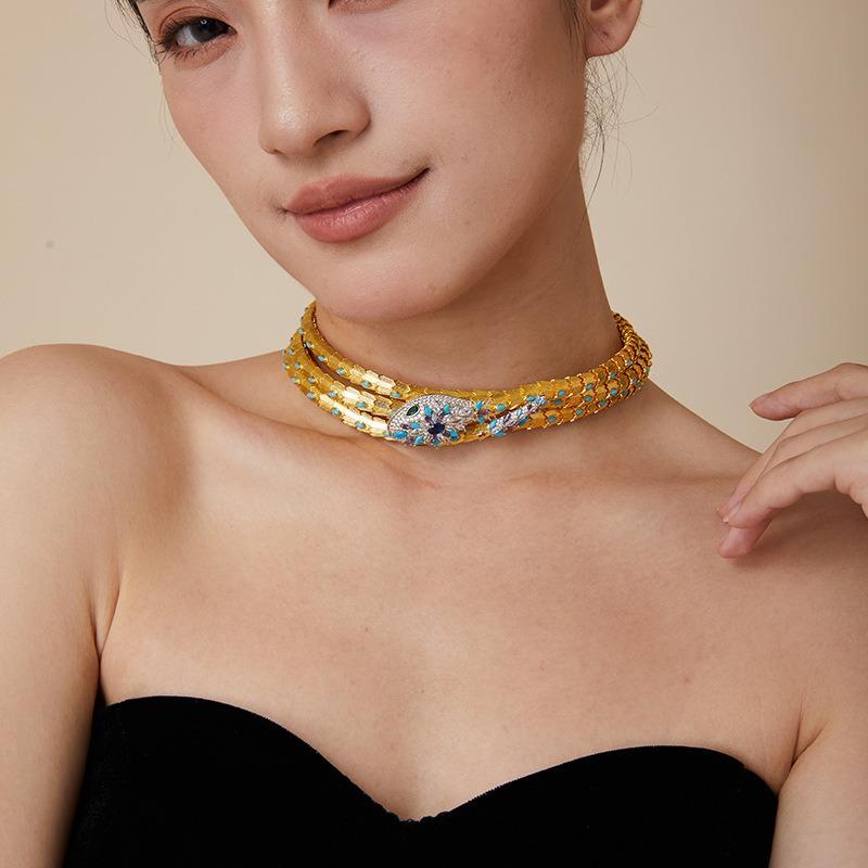 Exaggerated Three-layer Princess Snake Necklace, Gold-plated Turquoise, Personalized High-end Luxury Women's Snake Collar