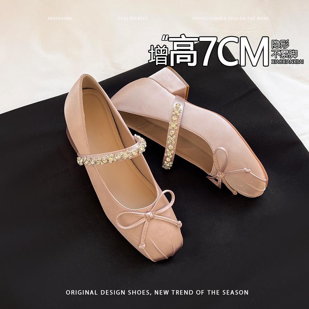 Sheepskin version~ inner height increase 7cm rhinestone one-word belt women's shoes spring and autumn new bow ballet Mary Jane single shoes
