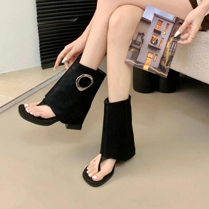 Fashion Fashion Metal Decoration Brand Ankle Boots Women High Quality Satin Clip Toe Modern Boot Retro Square Toe Flip-flops Summer Boot