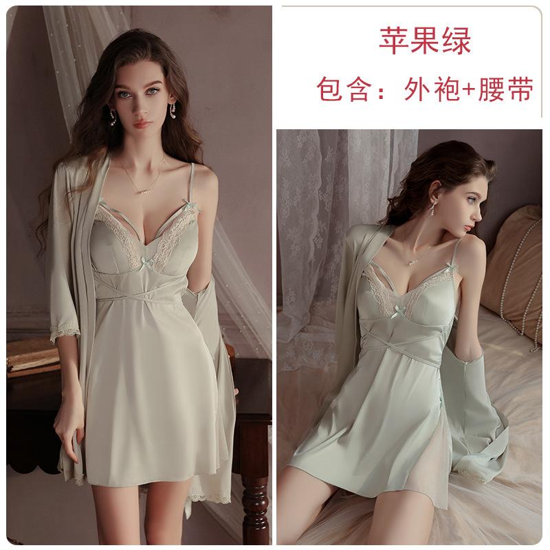 Women's Satin Deep V Padded Sleep Dress with Open Front Robe Lounge Set