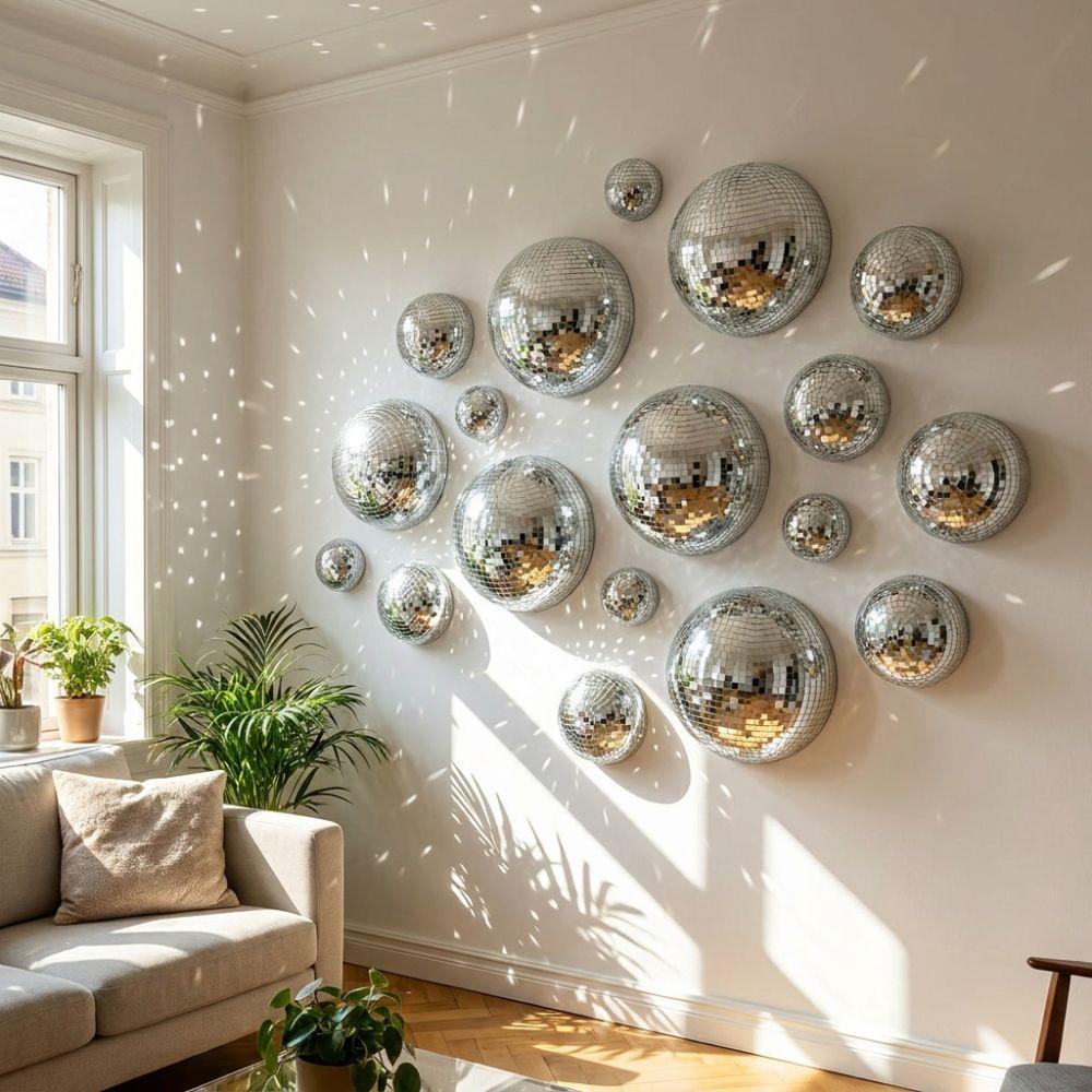 5Pcs Metallic Disco Ball Half Wall Decor Glittery Light-refracting Mirror Disco Ball Wall Art Adhesive-backed Glass Mirror