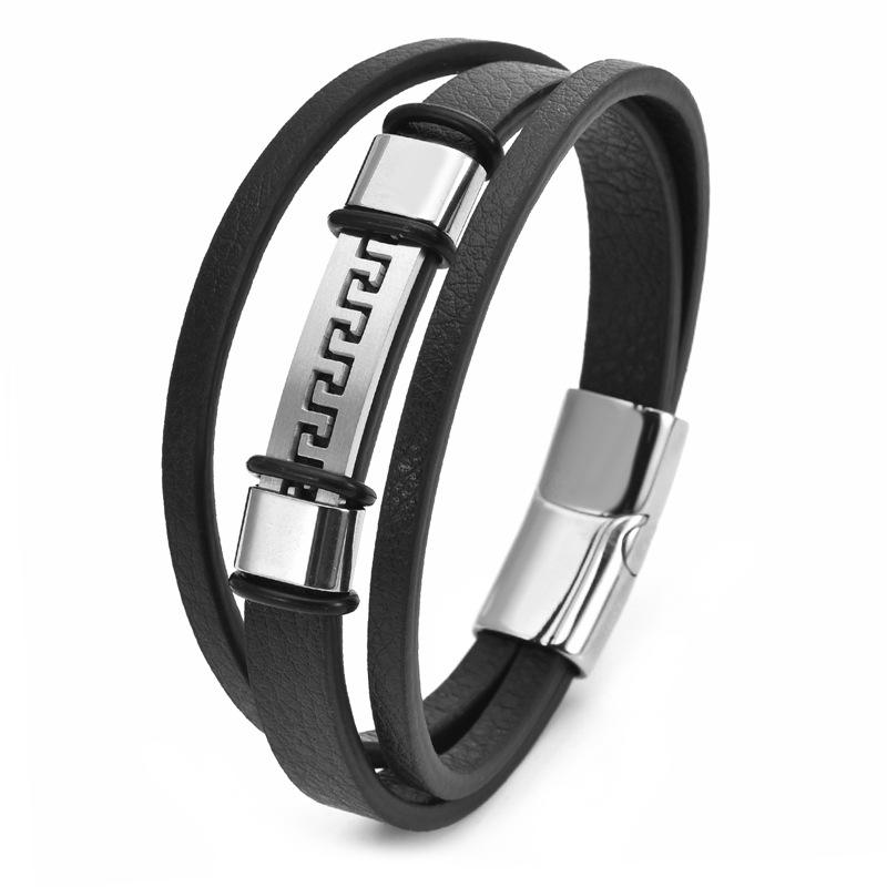 Gold Plated Stainless Steel Great Wall Patterned Leather Bracelet, Personalized Punk Magnetic Buckle, Multi-layer Leather Bracelet for Men