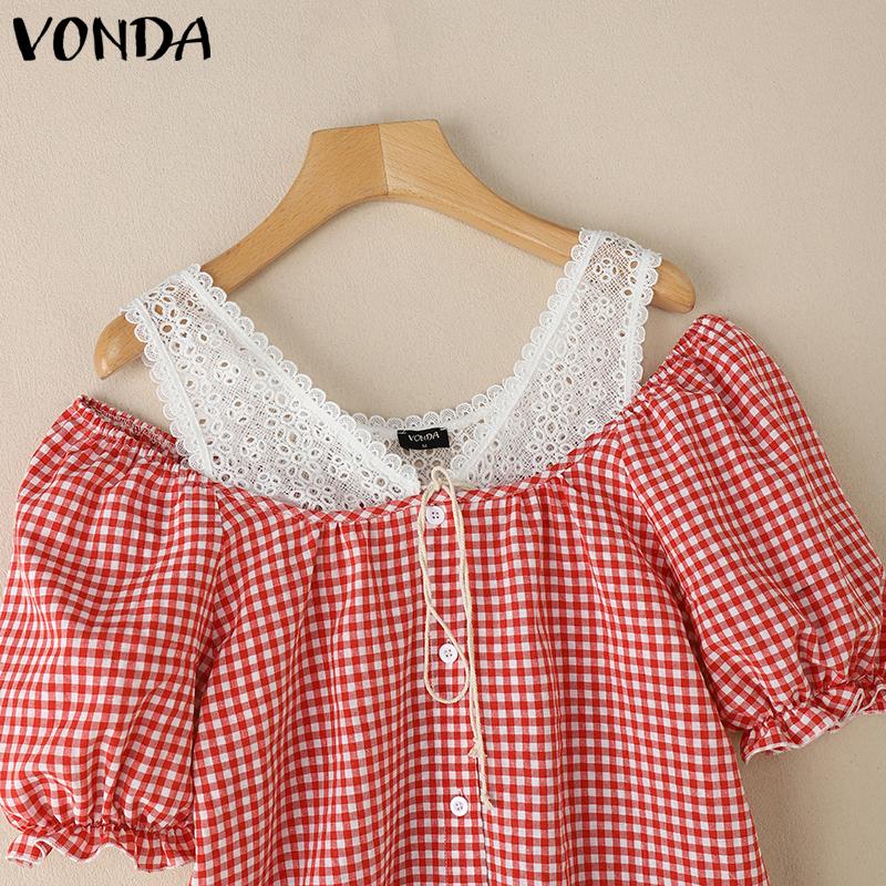 VONDA Camicetta estiva da donna, a maniche corte, senza spalline, in pizzo patchwork, con stampa scozzese