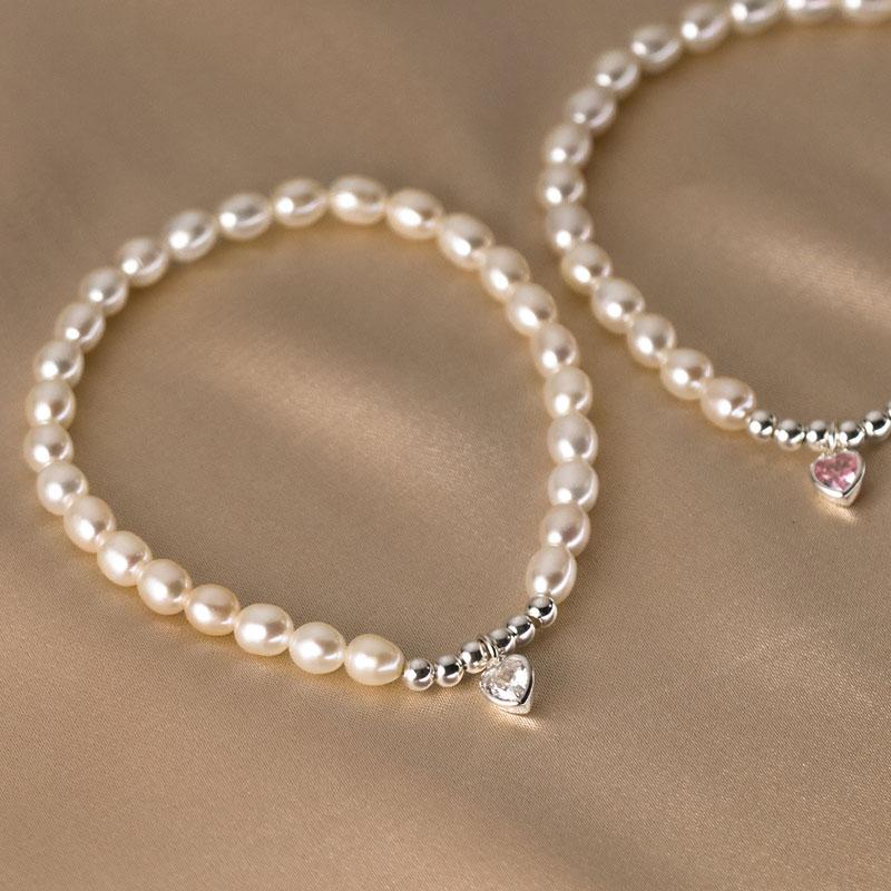 Handmade 925 Sterling Silver Freshwater Pearl Zircon Heart Shape Beaded Bracelet Women Fine Jewelry