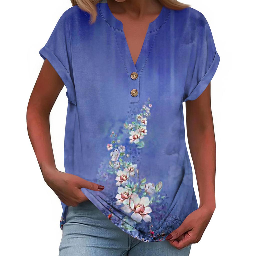 Women's Fashionable Casual Loose-Fit Short-Sleeved Button-Up V-Neck Printed T-Shirt Top