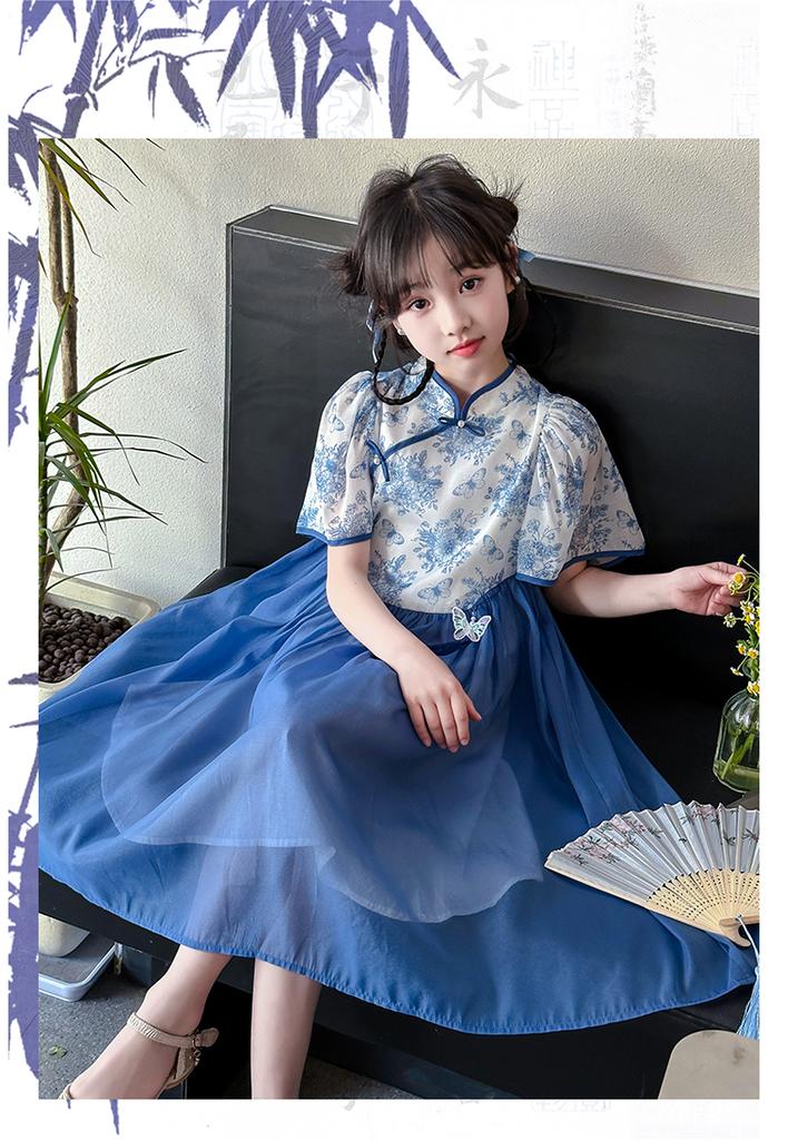 Girls' cheongsam dress 2026 new summer children's Chinese style blue and white porcelain Hanfu ancient style summer princess dress
