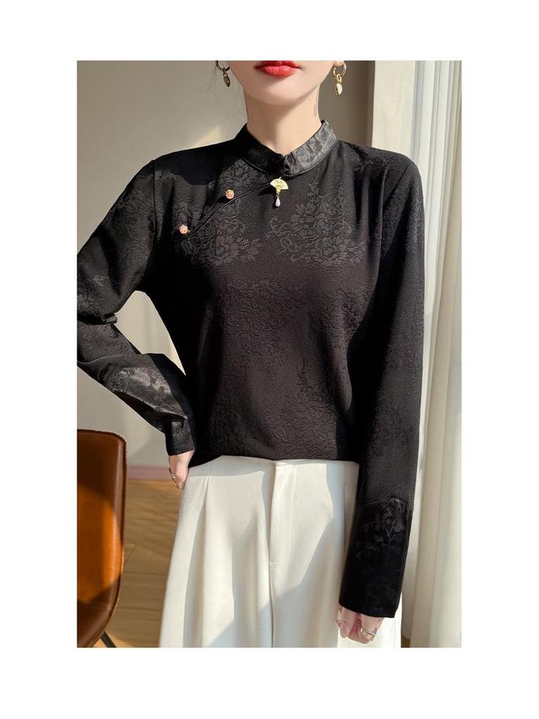 Premium Chinese Style Satin Jacquard Embroidered Diagonal Lapel Shirt for Spring and Autumn