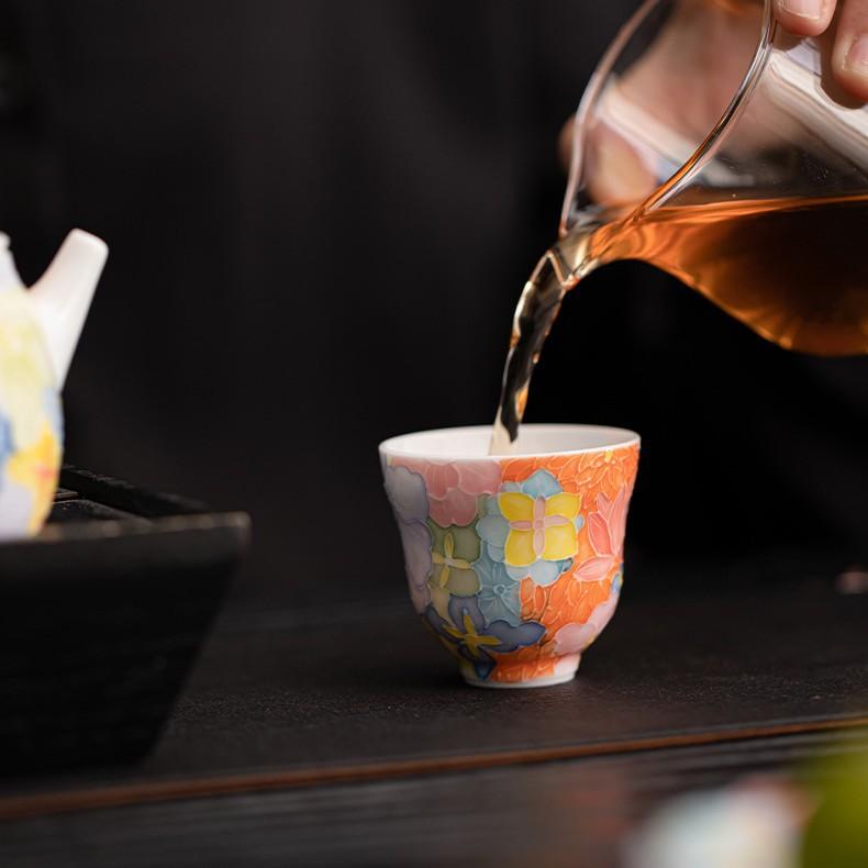 Jingdezhen Hand Painted Underglaze Color Thousand-Flower Pattern Tea Cup Stacked Glaze FineChinaCeramicGongfuTea WarePersonalUse