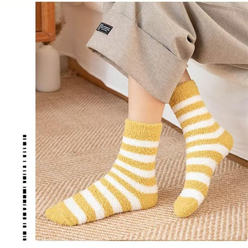 Autumn and winter women's striped coral fleece medium tube socks thickened thermal home floor socks women