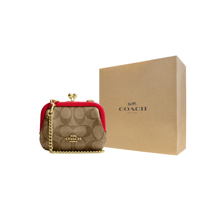 New COACH Kisslock Canvas With Leather Shoulder Bag, Crossbody Bag, Card Holder, Wallet Mini Women's Red & Brown CH520-IMVGQ