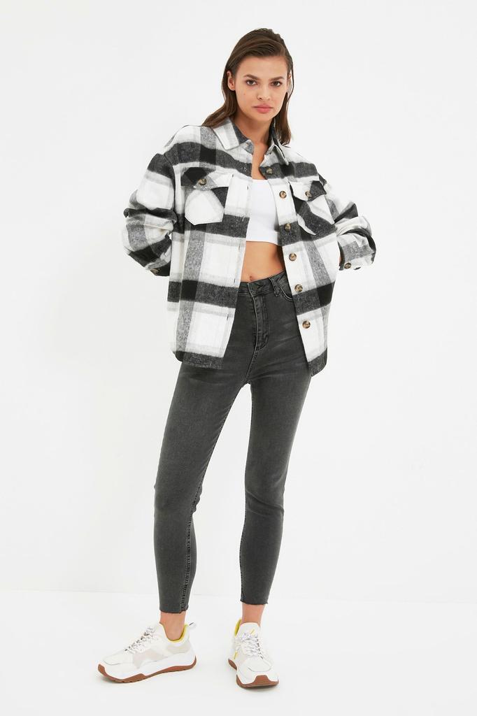 Women's Fashion Black Plaid Oversize Wide Fit Woven Jacket Shirt