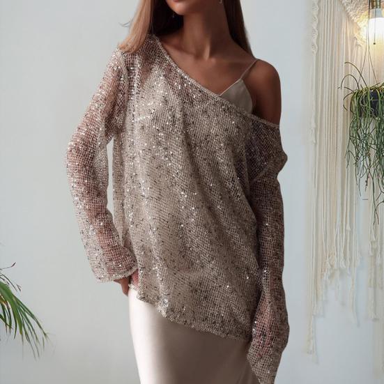 Damen Oberteile Glitzernde Pailletten-Details Rundhalsausschnitt Langarm Locker geschnittene Pullover-Tops Büro Urlaubs Party Kleidung