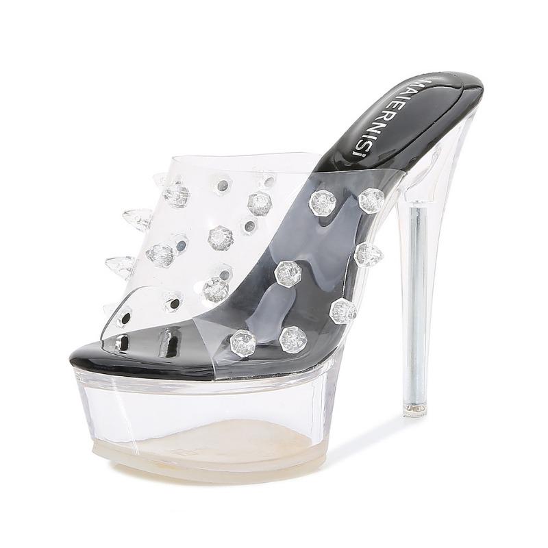 

A nightclub car model catwalk model, transparent rivet crystal and waterproof table, high-heeled sandals. 35 чёрный