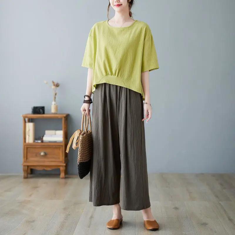 

2PC Summer Suit Women Loose T-shirt Pants Two-piece Solid Color Top and Longs Pants Casual Suit XXXXL зелений