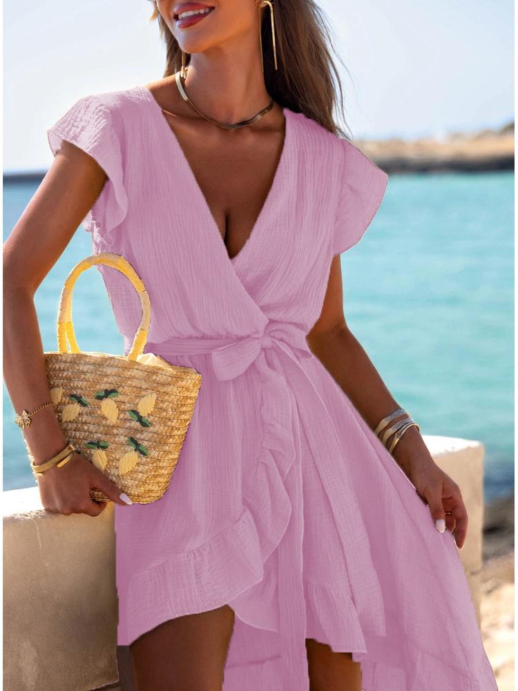 2026 Summer Asymmetrical V-Neck Beach Dress – Women's Vacation Style