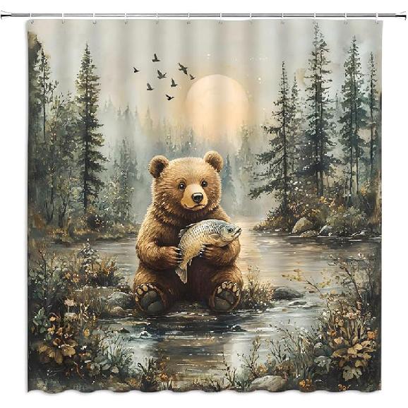 Forest Bear Shower Curtain Funny Wildlife Hunting Camping Rustic Misty Mountain Vintage Country Natural Scenery Pine Tree Farmhouse Cabin Bathroom 70 W x 70 L (Pack of 1)