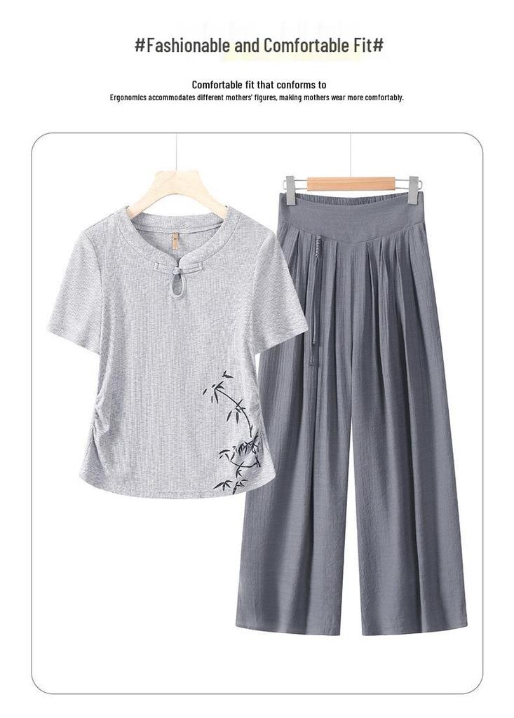 Mom's 2026 Summer Set: Short-Sleeve T-Shirt & Wide-Leg Pants for Middle-Aged and Elderly Women