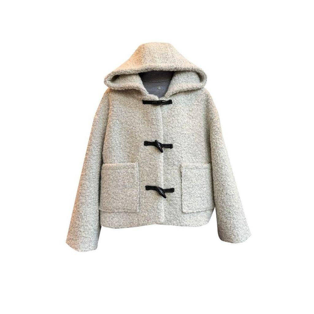 Korean Style Quilted Woolen Hooded Coat with Horn Buttons - Versatile Winter Wear