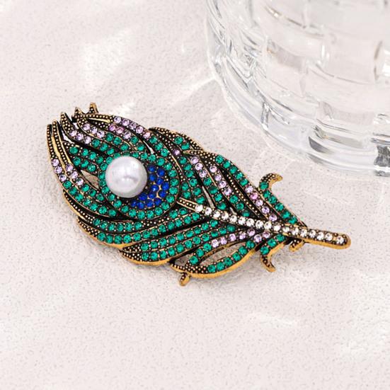 Feather Design Pin Vintage Peacock Brooch, Faux Pearl Rhinstone Lapel Retro Jewelry Pin, Clothing Accessories for Wedding Party Prom