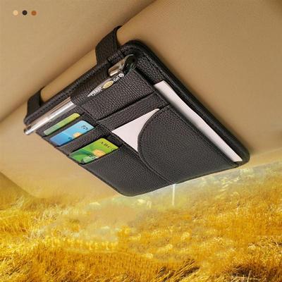 Soporte organizador para parasol para coche, de cuero PU, para gafas de sol, CD, DVD, estuche de almacenamiento para tarjetas, soporte con Clip, estilo para coche