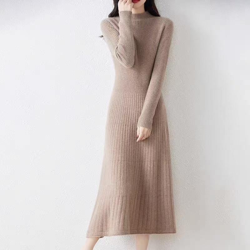 Autumn and winter new semi-turtleneck long knee warm dress fashionable versatile knitted sweater skirt women
