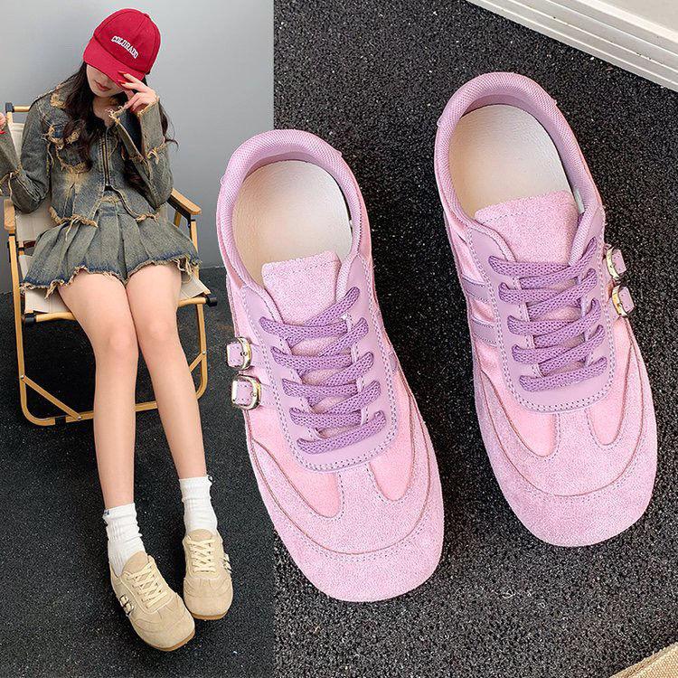 Modische Gürtelschnalle Retro Gelb Deutsche Trainingsschuhe Damen Frühling und Sommer Neu Leder Weiche Sohle Bequeme Lässige Sportschuhe