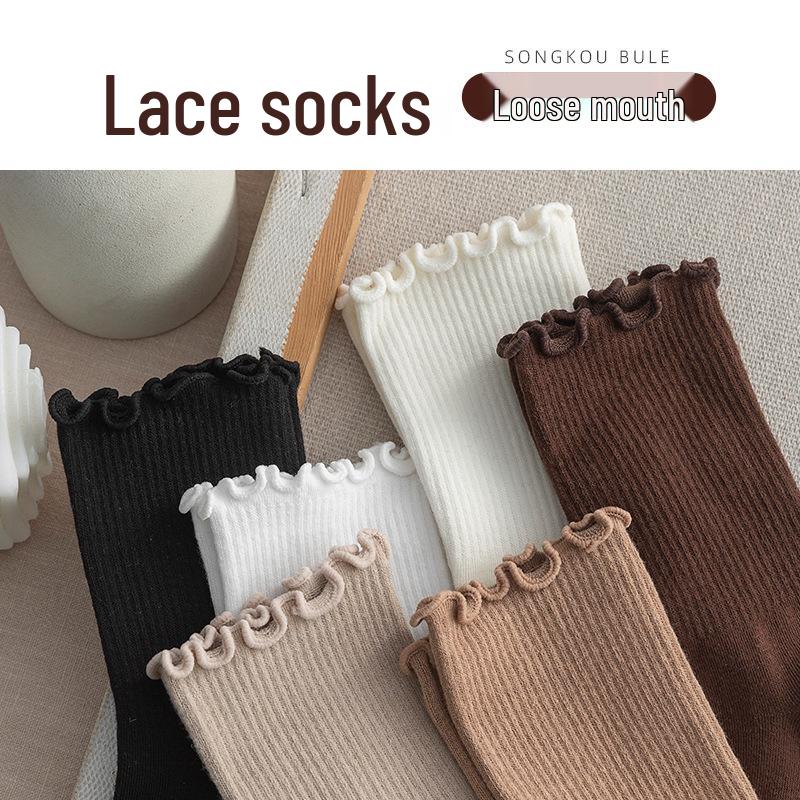 Women's Cute Japanese Style Ruffle Mid-Calf Lace Socks - Solid Color, Warm for Autumn & Winter