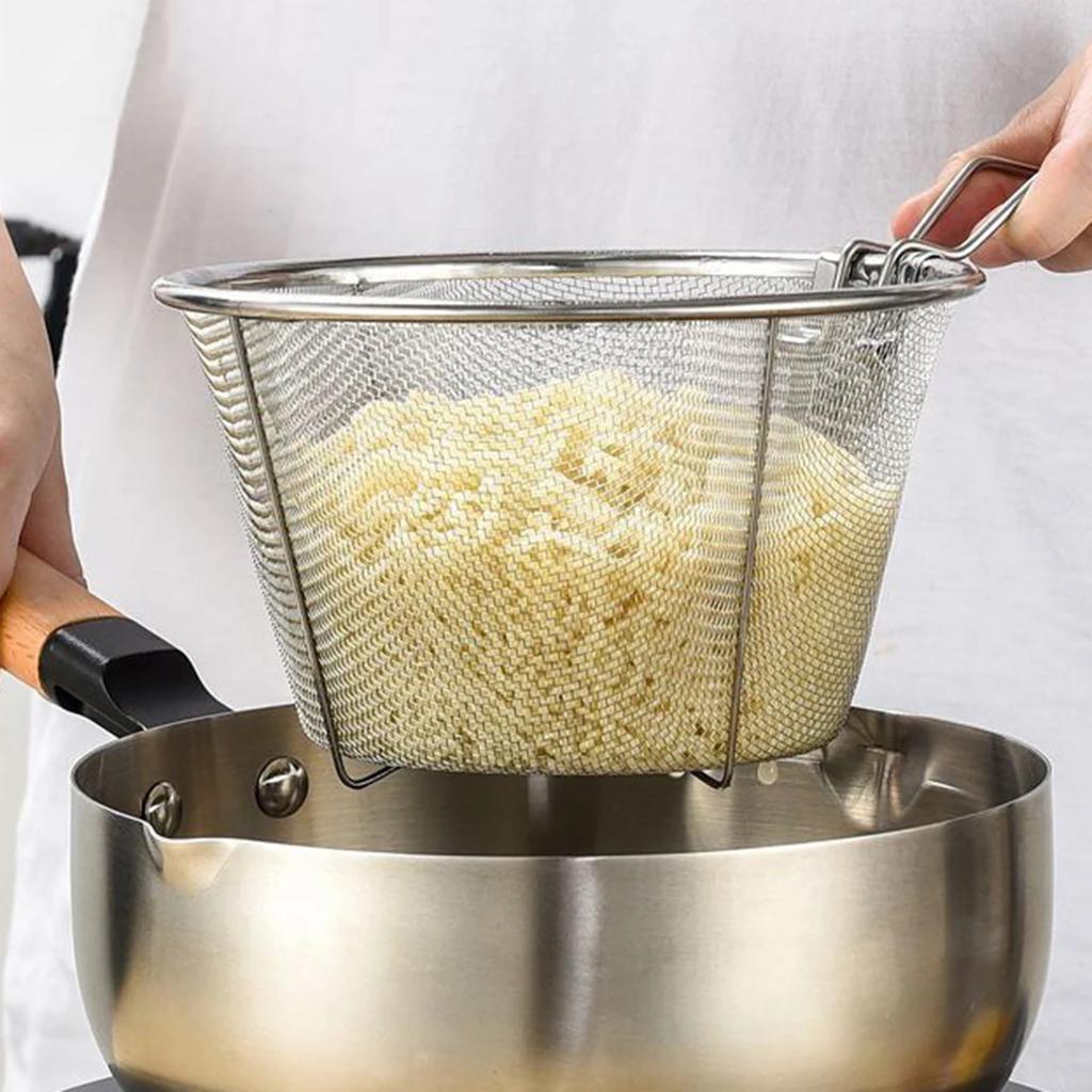 1pc-Household Oil Separating Stainless Steel Frying Pan Drainage Small Frying Pan Noodle Mesh
