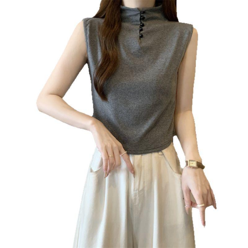 Women's Gray Sleeveless High-Collar Slim Fit T-Shirt with Buttons and Custom Logo