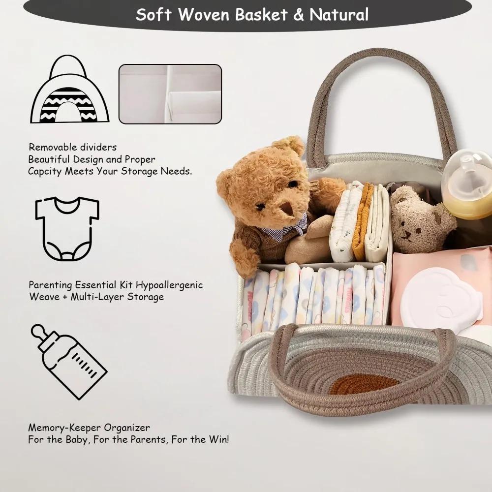 Organizér na plenky s dárkovými sáčky a stuhami - Pevný košík z bavlněného lana pro holčičku a chlapečka, nezbytnosti pro novorozence
