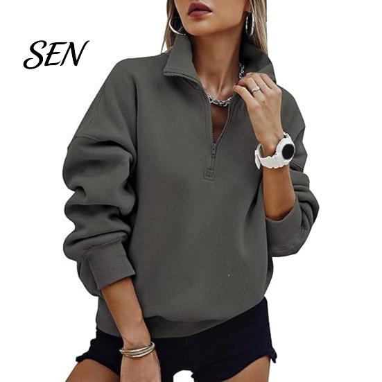 Langarm-Layering-Oberteile Damen Übergroßer Pullover, Stehkragen Reißverschluss Halbe Knopfleiste Oberteile, Leichter Pullover für Lässige Streetwear Entspannt