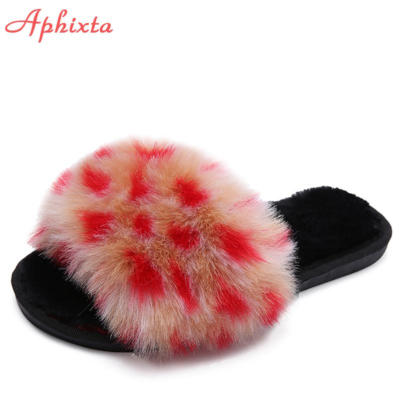 Aphixta 2025 Winter Home Cotton Shoes Women Faux Fur Soft Warm Indoor Colorful Slipper Flip Flops Mules Female Big Size 42 43