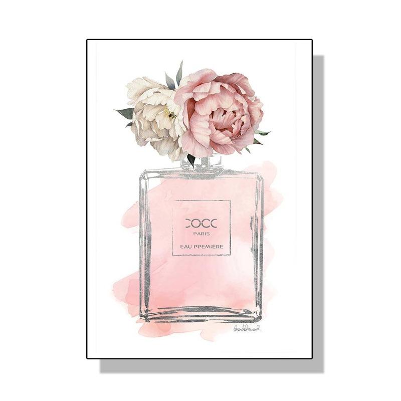 Fashionable luxury bottle of coco perfume, canvas, painting, Scandinavian flower, print poster, wall painting, modern decoration of the room