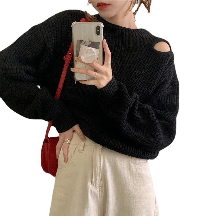 Off Shoulder Sweater for Women Loose Solid Color Round Neck Versatile Knit Sweater