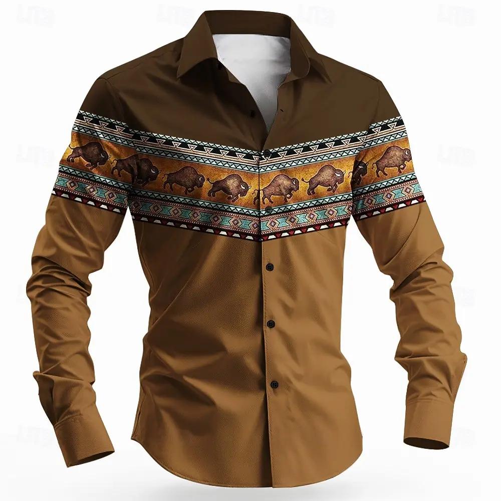 Western Tribal Pattern Long Sleeve Shirt, Stylish Buffalo Design