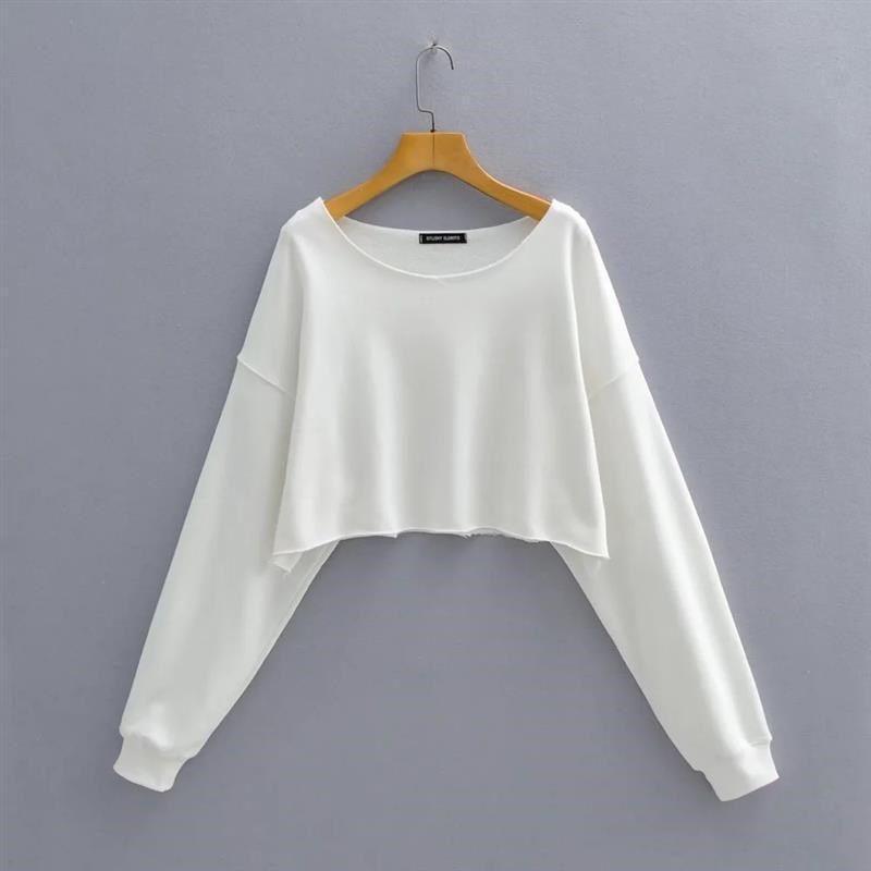 

Autumn New Hot Girl round Neck Raw Edge Raw Edge Sexy Expose White All yards