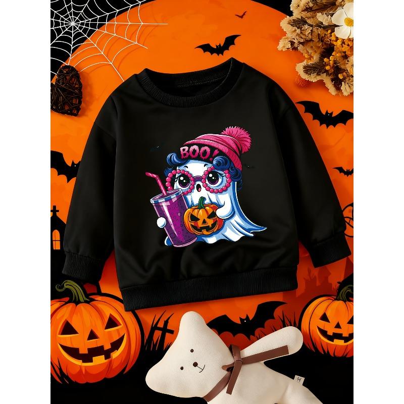 Kids Crewneck Sweatshirt, Halloween Pom-Pom Hat Ghost Print Holding Purple Drink & Jack-o'-Lantern,