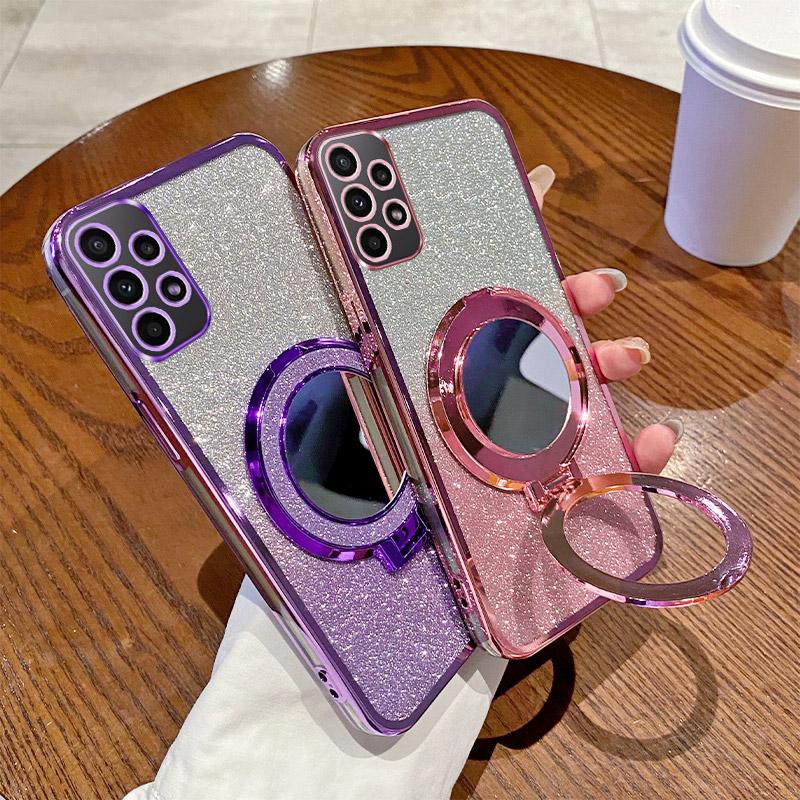 Glitter Sequins Mirror Girl's Summer Phone Case For Samsung Galaxy A30 A30S A31 A32 A33 A34 A35 A36 Magnetic Holder Bling Cover