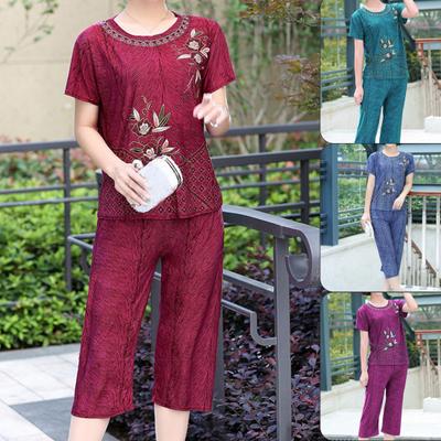 Yaz Kadın Pijama O Yaka Çiçek Desenli Kısa Kollu Tişört Pantolon Orta Yaşlılar İçin Bol Kıyafet