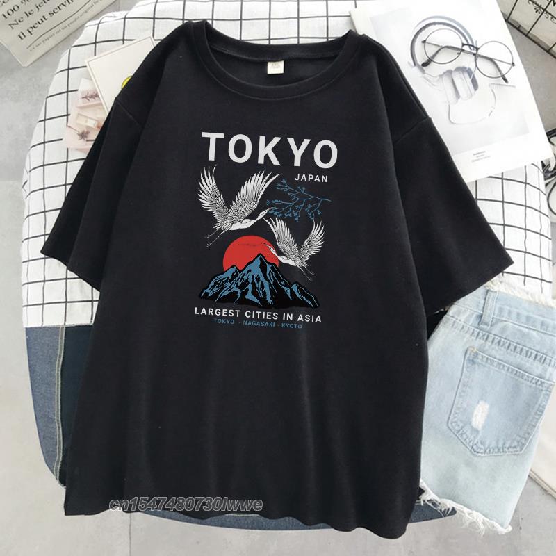 Tokyo Crane Japan Harajuku Print Unisexs Tshirt Hip Hop Loose Tshirts Crewneck Tshirt 100 Cotton Oversize Clothing Unisex