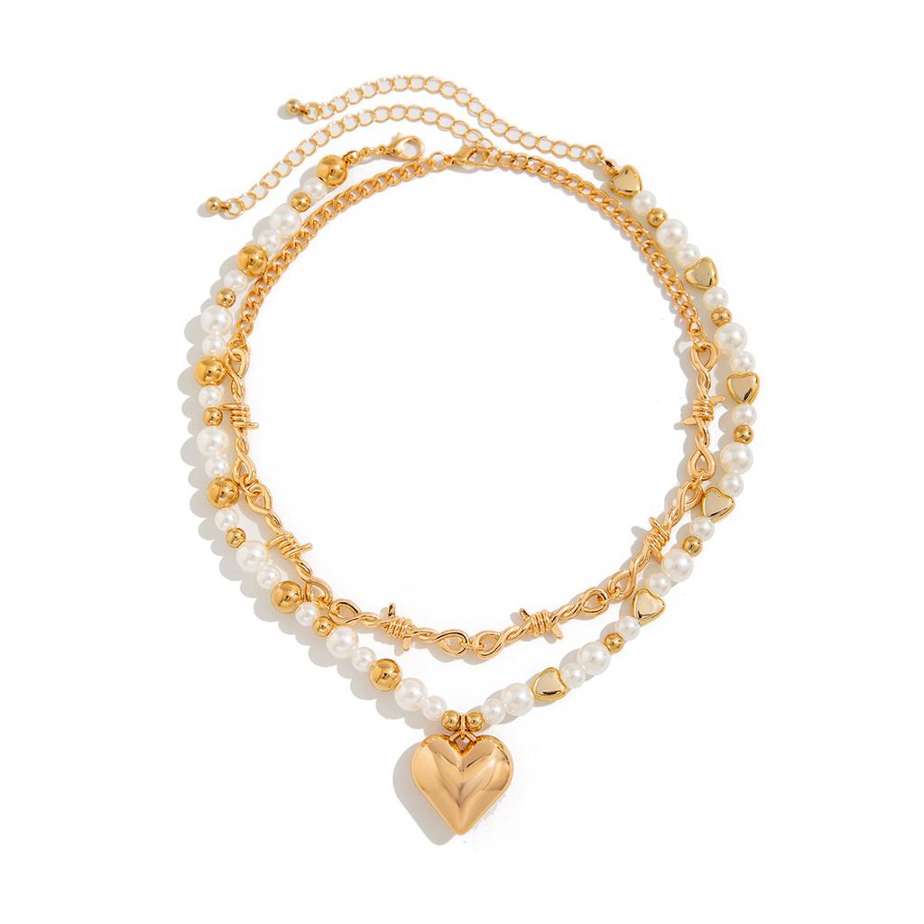 Double Imitation Pearl Love Pendant Necklace, Design Sense Metal Kink Chain Stacked Necklace